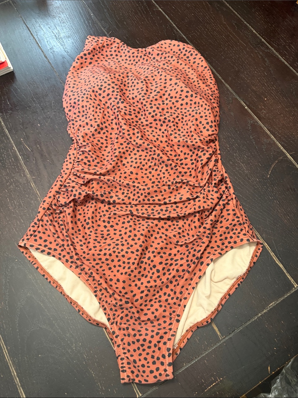 BRAND NEW! Kona Sol Coral Pink Strapless One-Piece Swimsuit with Black Dot Print